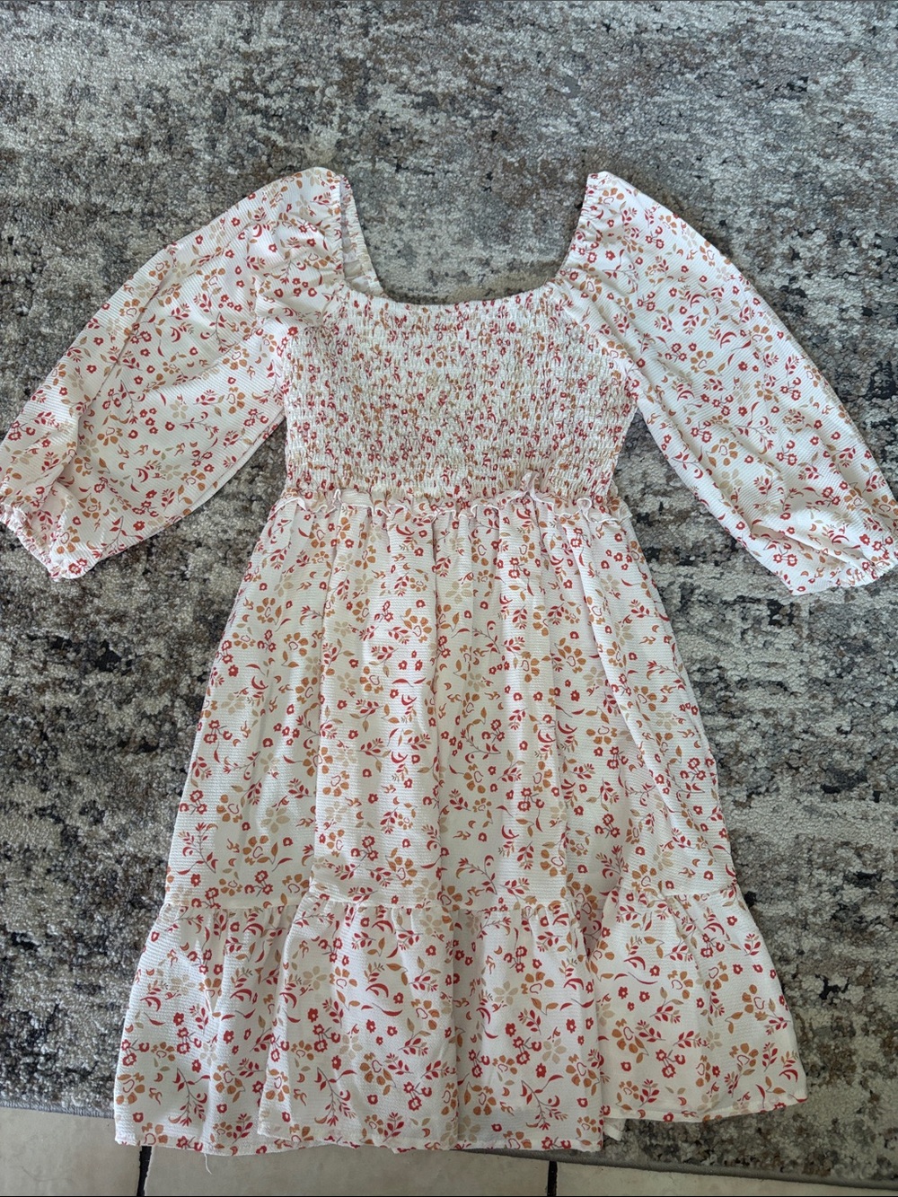 Smocked Cream Mini Dress with Red Floral Print